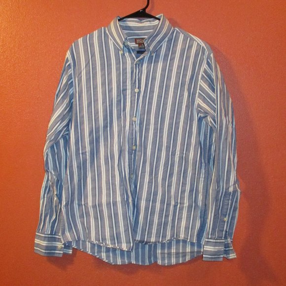 MICHAEL Michael Kors Men Medium Blue White Stripe Long Sleeve Button Up Shirt - Picture 1 of 6